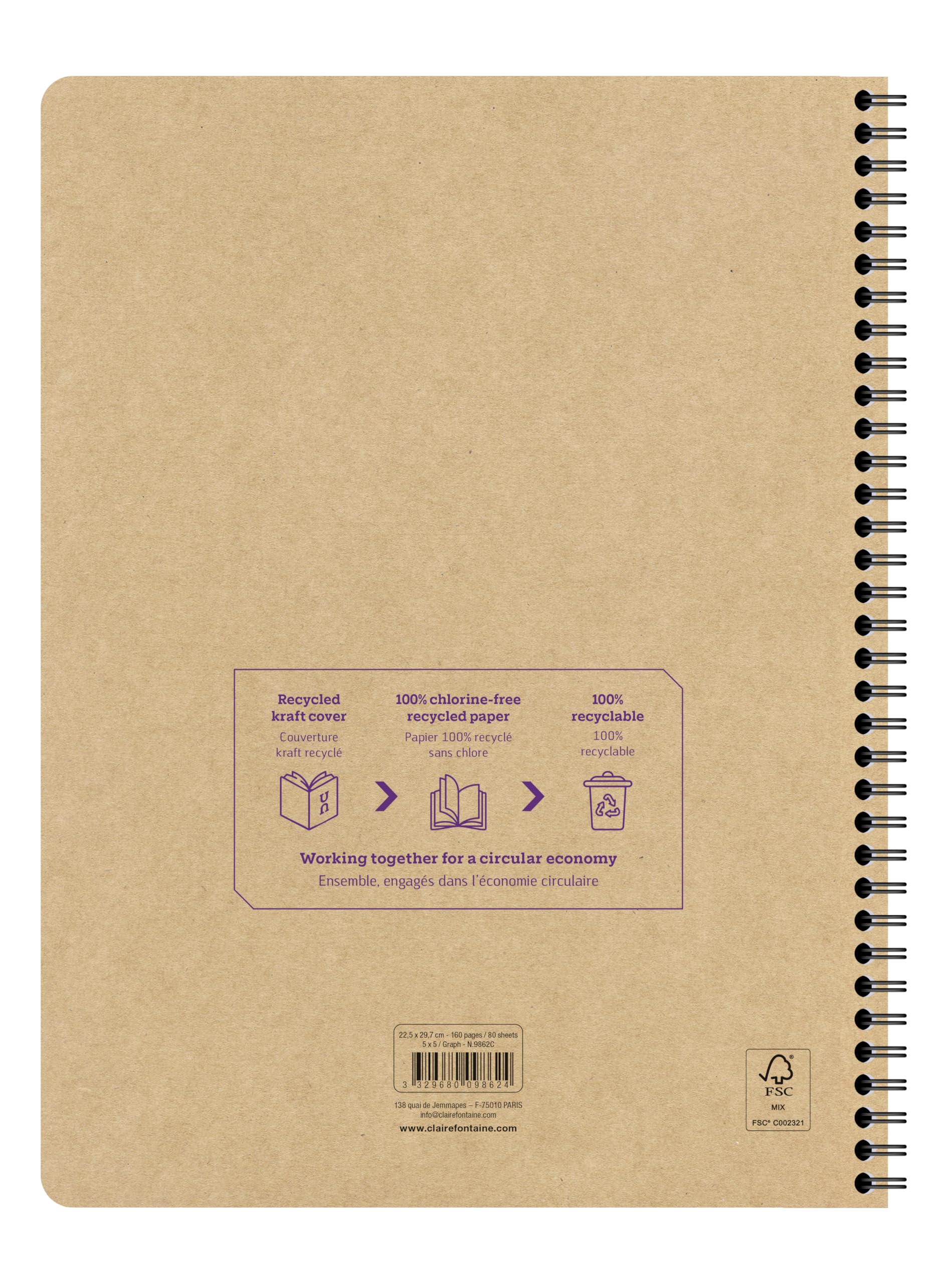 Clairefontaine 9862Cpack Lot 5 cahier spirale Uninotes recyclé A4 160p