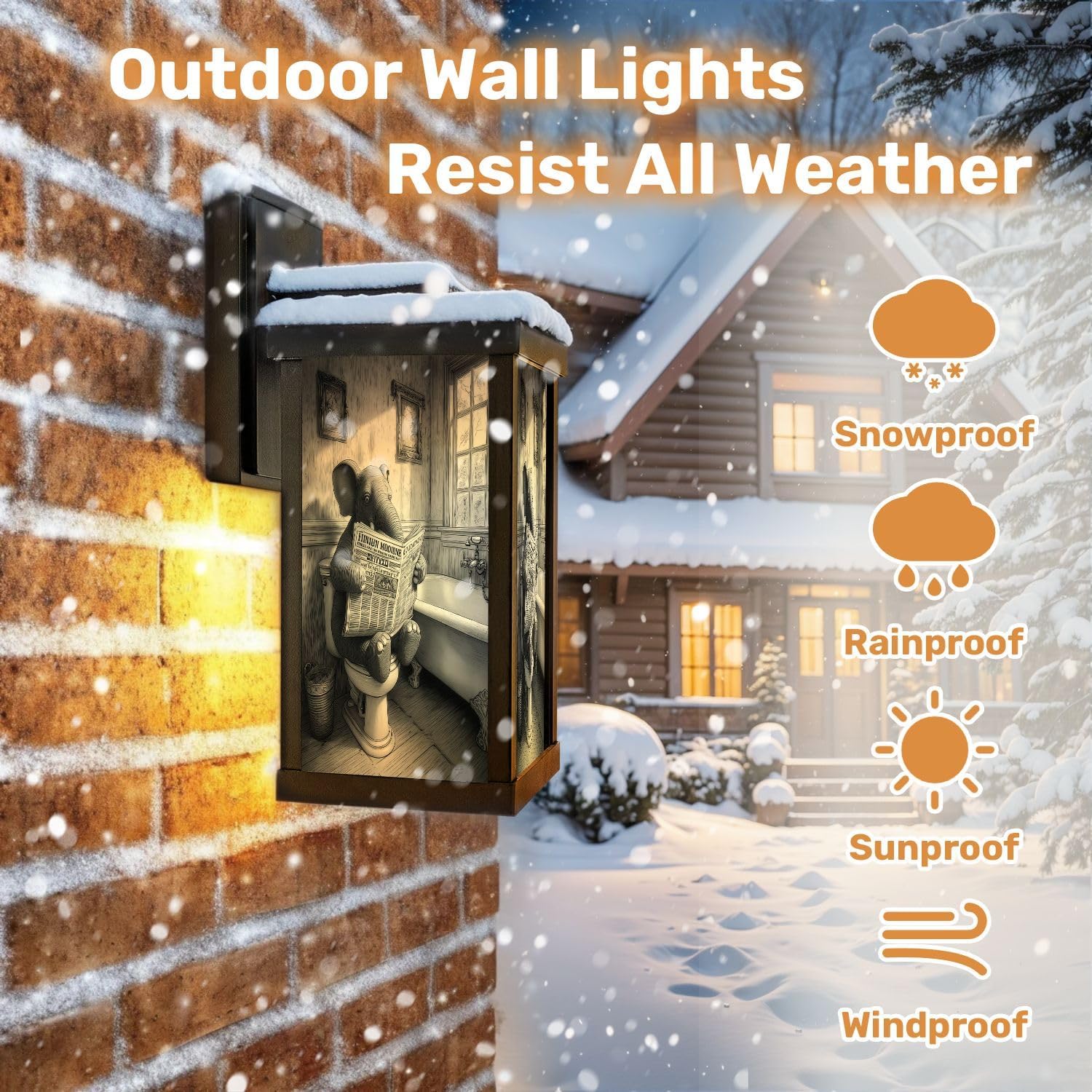 Outdoor Wall Lights Charming Elephant Reading Newspaper Vintage Bathroom Art Print Exterior Waterproof Wall Mount Sconce 13" Porch Light Outdoor E26 Base Lamp with Bulb Front Door Lighting