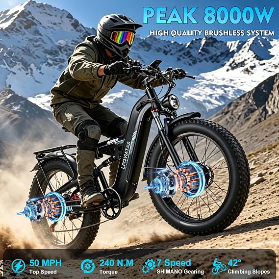 8000W-Peak-Dual-Motor-Electric-Bike for Adults 52V 30Ah 47-50MPH 100Miles | Full Suspension Electric Bike,Smart Light & Adjustable Stem,LPQVIATAS 26*4.0 AWD Fat Tire Bicycle Mountain Snow Sand