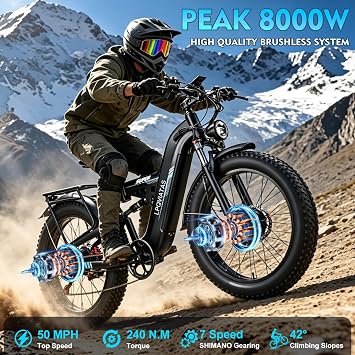 8000W-Peak-Dual-Motor-Electric-Bike for Adults 52V 30Ah 47-50MPH 100Miles | Full Suspension Electric Bike,Smart Light & Adjustable Stem,LPQVIATAS 26*4.0 AWD Fat Tire Bicycle Mountain Snow Sand