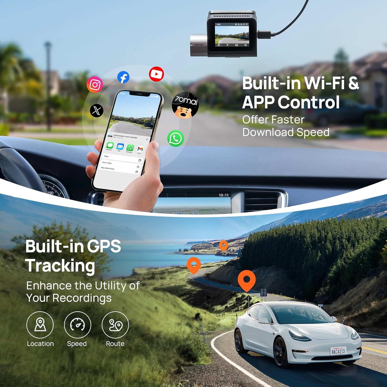 70mai Dash Cam Front and Rear A510,1944P+1080P with STARVIS 2 IMX675 and 64GB Card, Dash Camera for Cars, 4G LTE Support, ADAS, Built-in GPS WiFi, APP Control, HDR, 24H Parking Mode, Loop Recording - Image 9