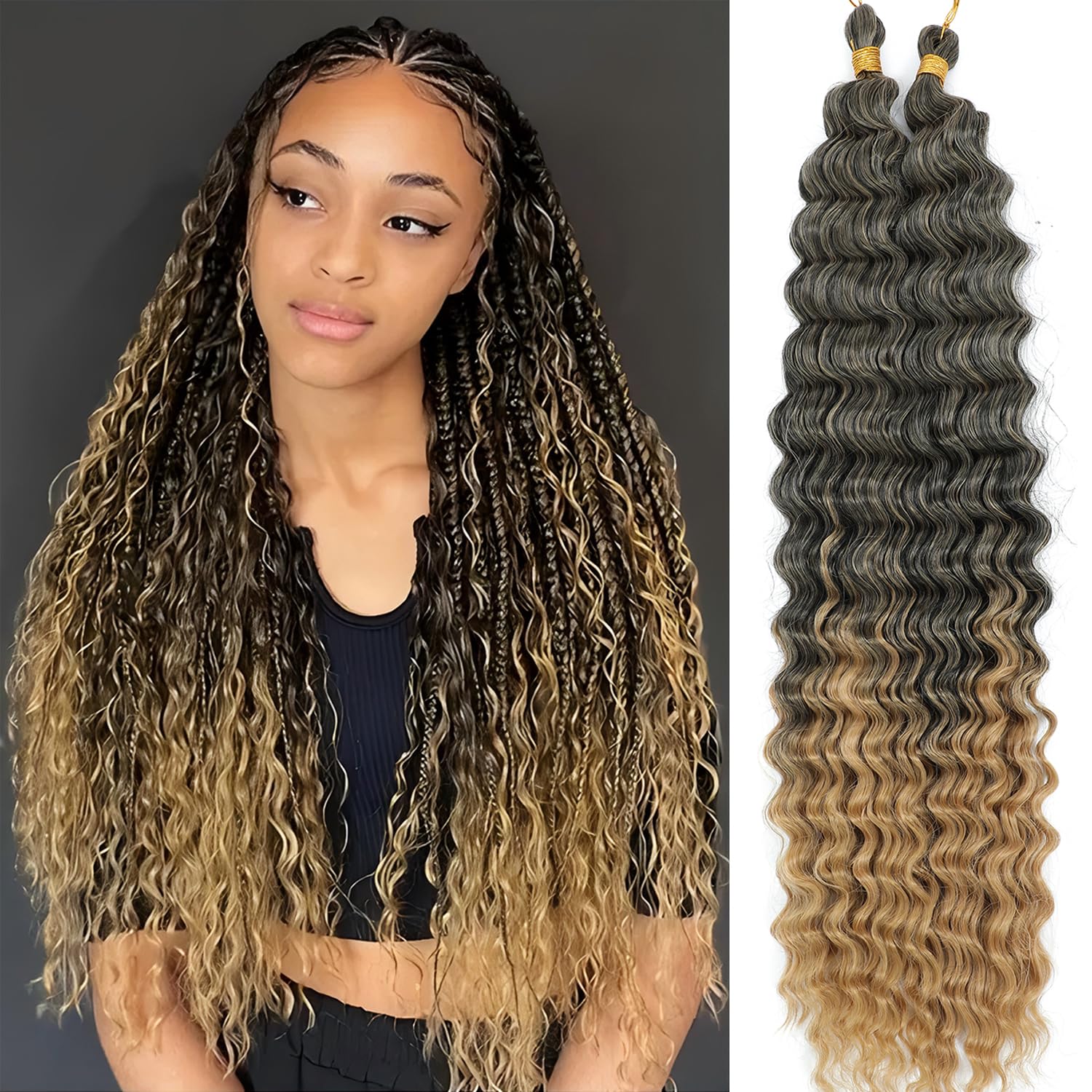 Ocean Wave Crochet Hair Deep Wave Braiding Hair 24 Inch 2 Packs Curly Wavy Hair for Boho Braids Synthetic Hair Extensions for Black Women (T1B/27)