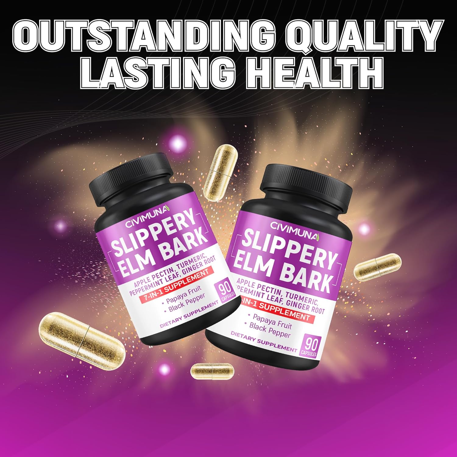 Slippery Elm Capsules with Slippery Elm, Papaya Fruit, Apple Pectin - 90 Capsules for 3 Months Supply