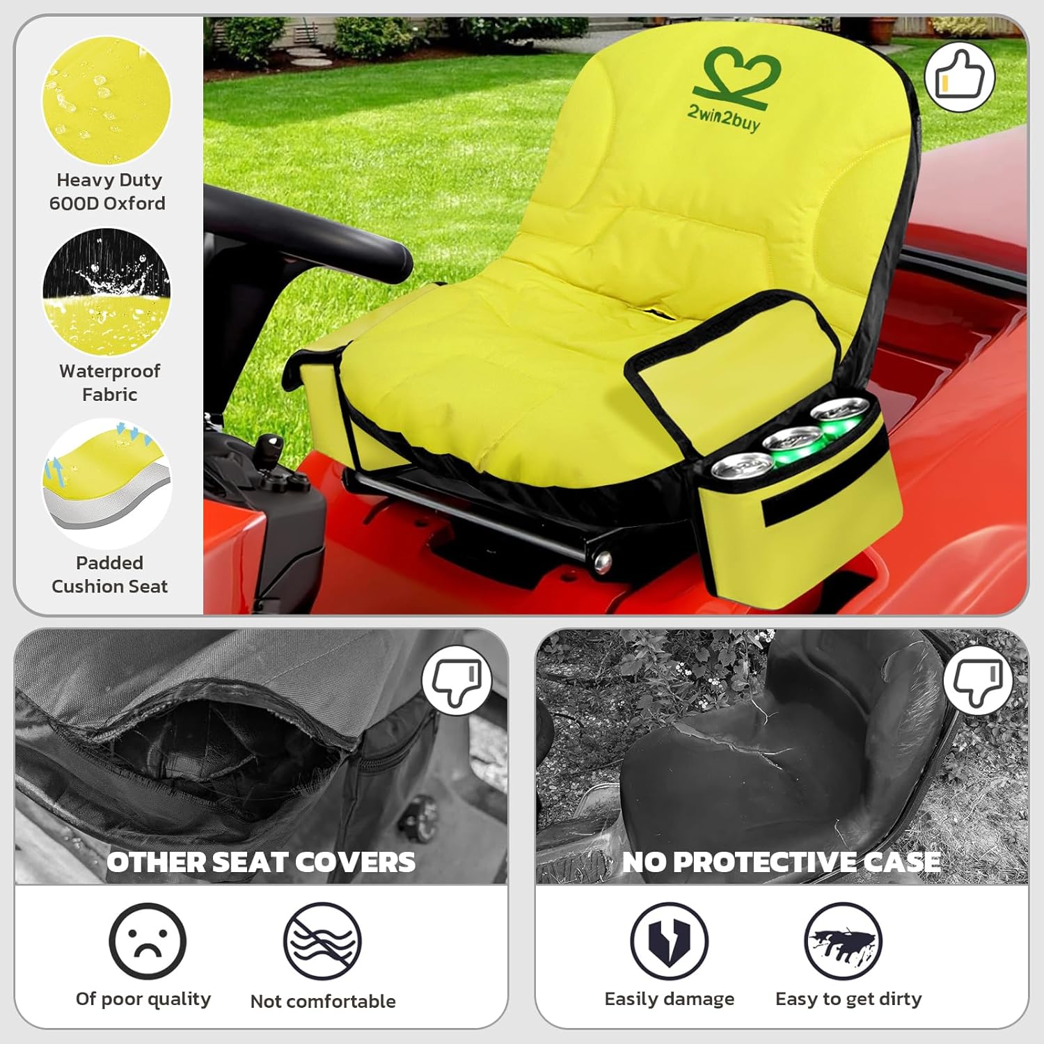 Riding Lawn Mower Seat Cover with Padded and Non Slip Fabric Rubber, 600D Weatherproof Tractor Seat Cover Cushion for John Deere, Cub Cadet, Craftsman, Troy Bilt, Kubota, Ford, Mahindra, Husqvarna