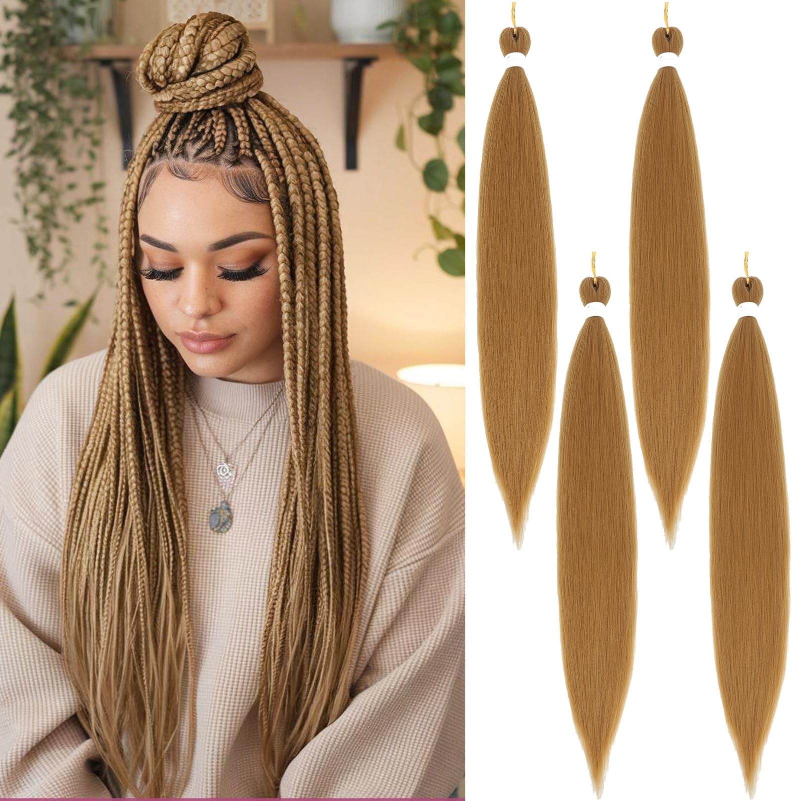 Sakkou 28inch Pre Stretched Dark Blonde Braiding Hair Extensions 4pcs/pack 27# Fake Hair For Braids Hot Water Setting Styles(27#)