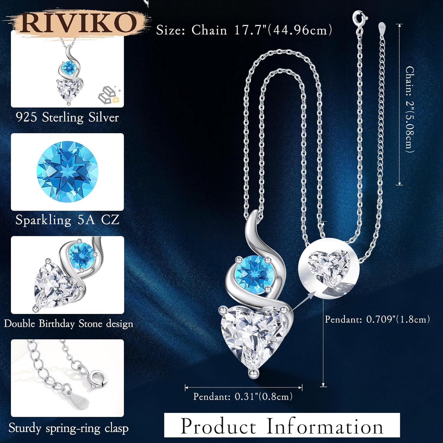 RIVIKO Valentines Day Gifts for Her-Double Birthstone Necklace for Women, 925 Sterling Silver Love Heart Pendant, Birthstone Jewelry Anniversary Birthday Gifts for Women Wife Mom Grandma Her - Image 5