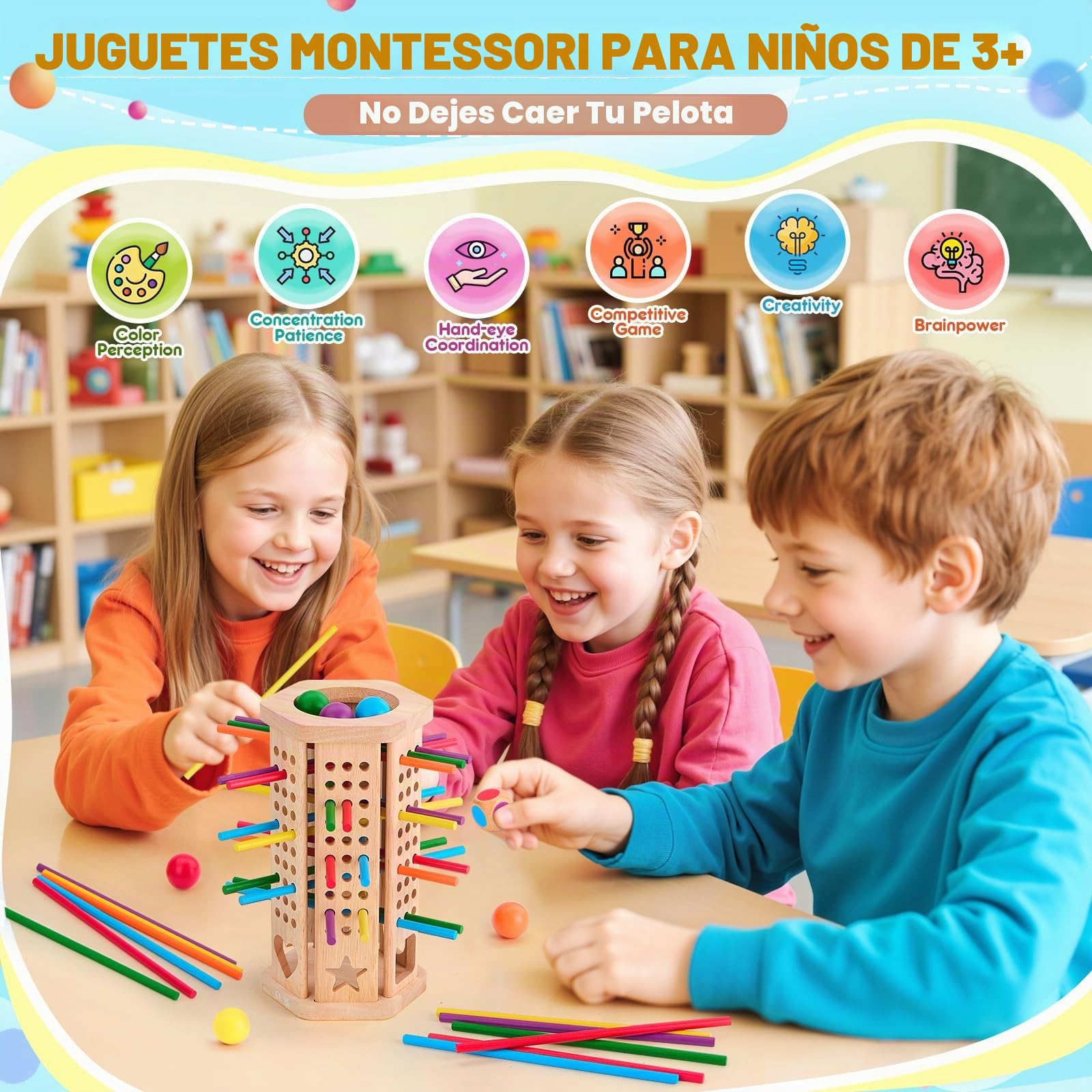 Juego Montessori, Juegos de Mesa 3, 4, 5, 6 años, Juegos Educativos Matematicas con 42 Palitos de Colores y un Dado, Juguete Familiar para Viajar al Aire Libre con Niños