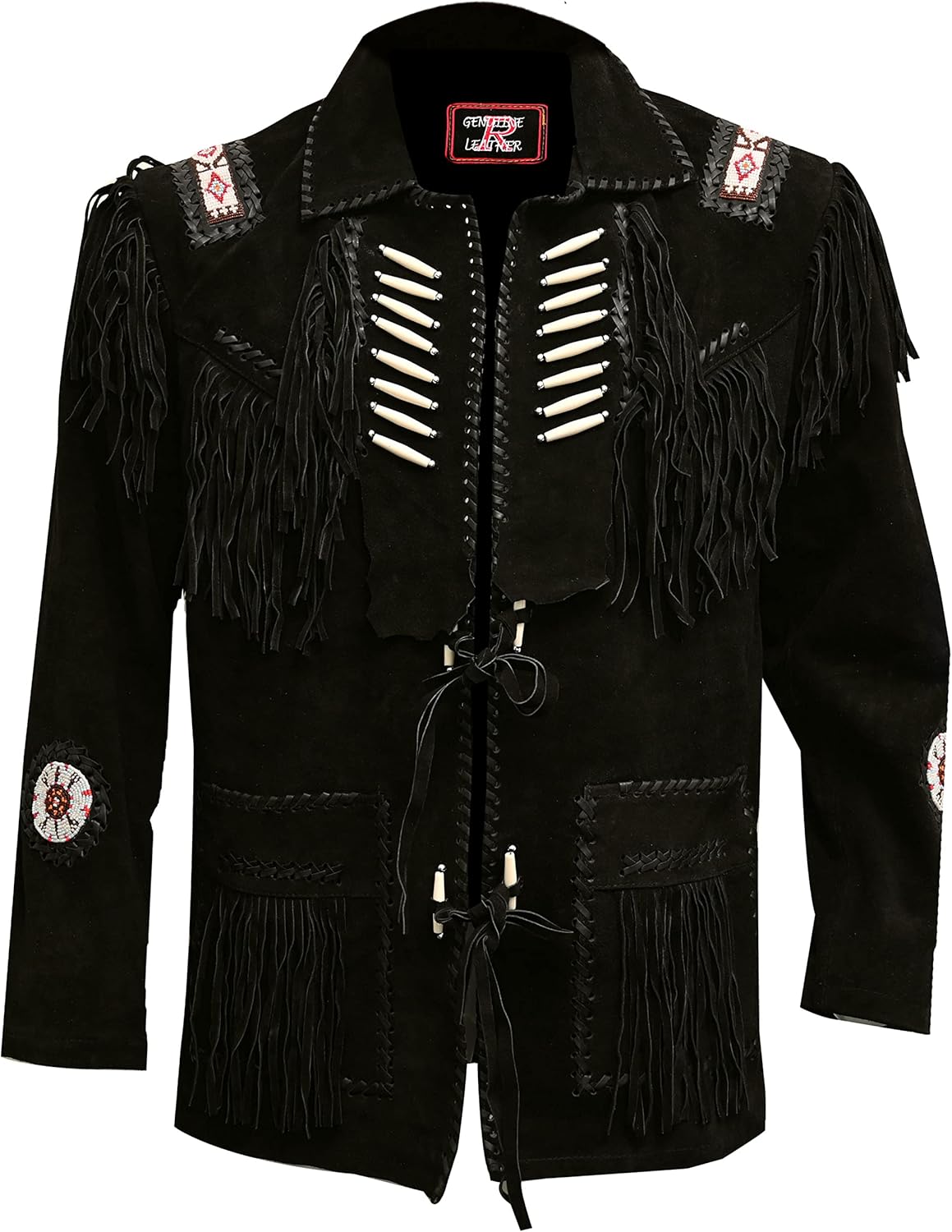 Men's Western Cowboy Leather Jacket with Fringed Native American Suede Beaded Traditional Leather Coat