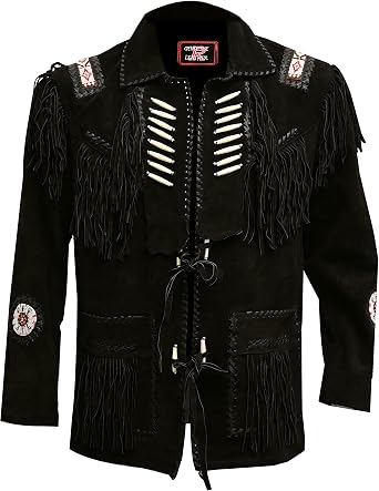 Mens Western Cowboy Leather Jacket with Fringed Native American Suede Beaded Traditional Leather Coat