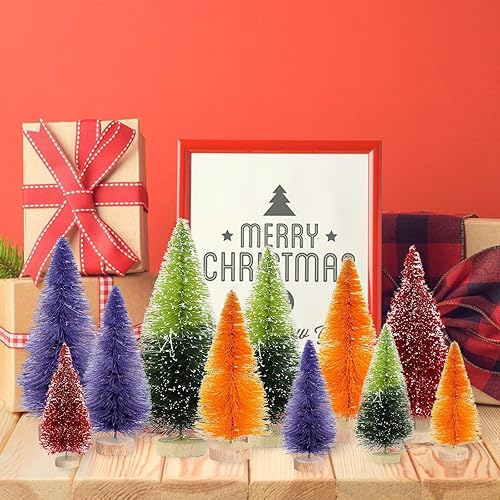 Miniatura 3 de 8 piezas de mini árbol de Navidad, árbol de Navidad artificial pequeño con base de madera, árboles de cepillo para botellas, colores surtidos para