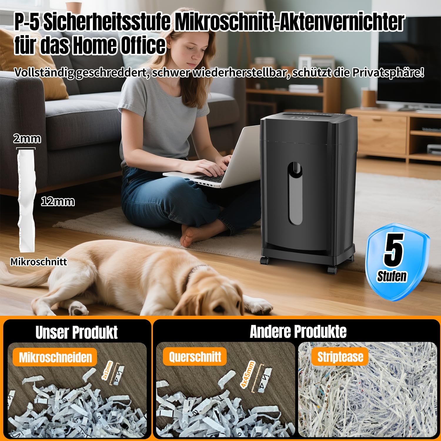 KRT Distruggidocumenti professionale – Basso rumore 38 dB – 30 min – Microtaglio P-5 – 8 fogli/1 CD – Pattumiera rimovibile da 30 litri – Anti-inceppamento – Rotoli – Per ufficio/casa