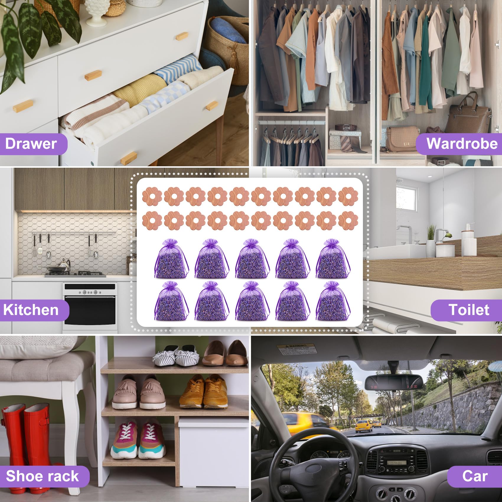 30 Piezas Antipolillas para Ropa Armario, 20 Anillos De Polilla 10 Bolsitas De Lavanda, Protección contra Polilla De Ropa, Ambientador Armario Polillas Trampas
