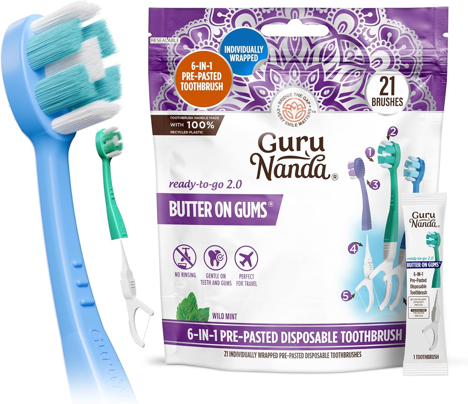 GuruNanda 6-in-1 Ready-to-Go Disposable Toothbrush, Pre-Pasted Butter on Gums Softex Bristles, Floss & Toothpick, Tongue & Cheek Cleaner, Individually Wrapped & TSA Friendly, 21 Ct (Pack of 2)