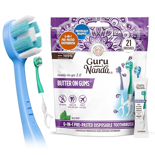 GuruNanda 6-in-1 Ready-to-Go Disposable Toothbrush, Pre-Pasted Butter on Gums Softex Bristles, Floss & Toothpick, Tongue & Cheek Cleaner, Individually Wrapped & TSA Friendly, 21 Ct