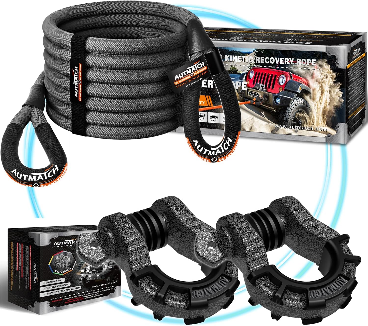 AUTMATCH Kinetic Recovery Tow Rope 7/8" x 20FT with 3/4" Mega D-Ring Shackle, Heavy Duty Offroad Snatch Strap 35000Lbs for 4x4 Off-Road Vehicle, Truck, Trailer, ATV, UTV, Gray