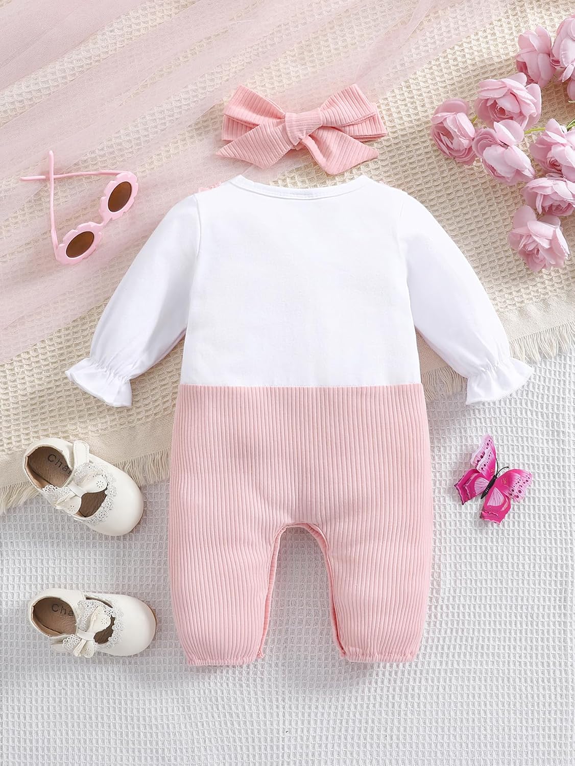 QITUDATEY Newborn Baby Girl Clothes Romper, Long Sleeve Cute One Piece Knit Jumpsuit Infant Outfits with Bow Headband