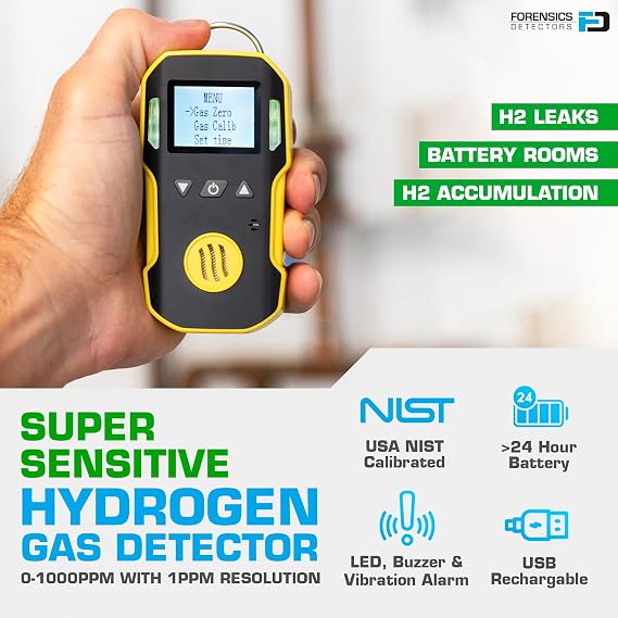 HYDROGEN Gas Detector, Meter & Analyzer by FORENSICS | USA NIST Calibration & Certificate | Dust & Explosion Proof | USB Recharge | Sound, Light and Vibration Alarms | 0-1000 ppm |
