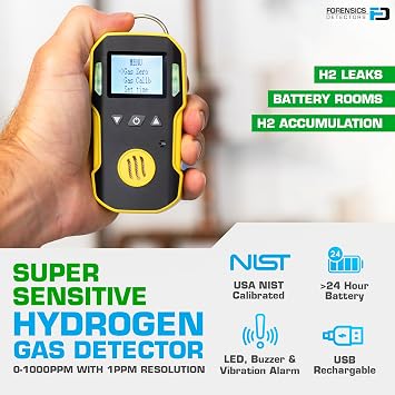HYDROGEN Gas Detector, Meter & Analyzer by FORENSICS | USA NIST Calibration & Certificate | Dust & Explosion Proof | USB Recharge | Sound, Light and Vibration Alarms | 0-1000 ppm |