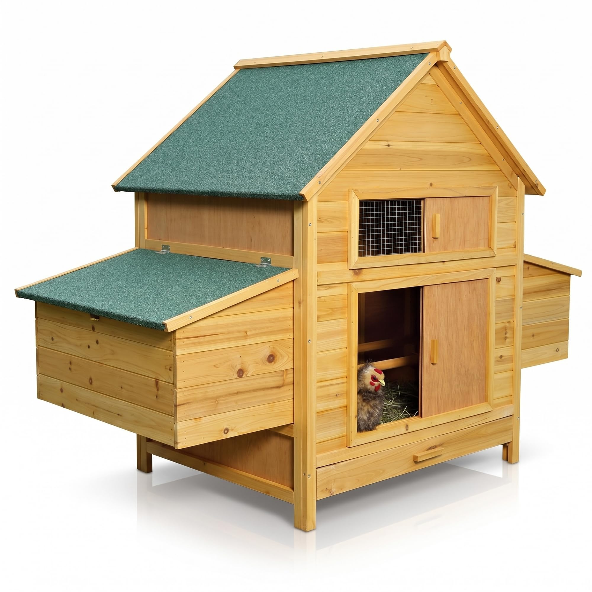 Mucola Hühnerstall XXL 160x115,5 cm Holz Natur – Hühnerhaus mit Freilauf & aufschiebbarem Fenster, abnehmbares Dach – wetterfest Indoor Outdoor – Geflügelstall Hasenstall Kaninchenstall Kleintiere