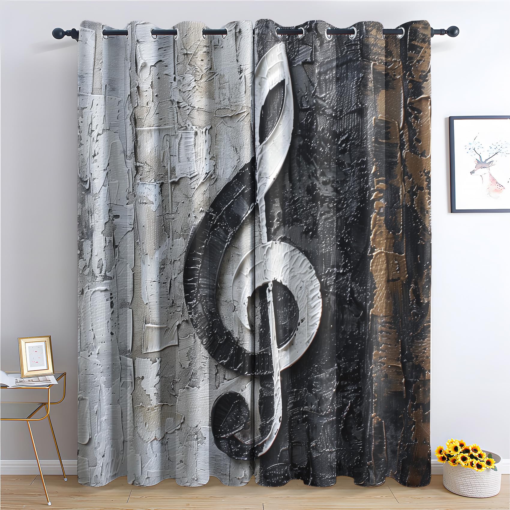 Phtbz Music Note Blackout Curtains for Bedroom Living Room, Musical Notes Curtains & Home Decor, Black and White Window Curtains, Thermal Room