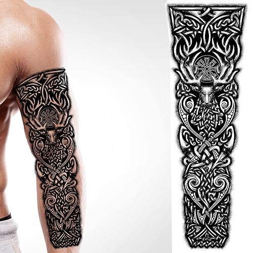 Miniatura 7 de 2 tatuajes temporales, vikingo de brazo completo, ciervo, soga, cuerpo artístico, calcomanías nórdico, celta, tribal, edad media, medieval,
