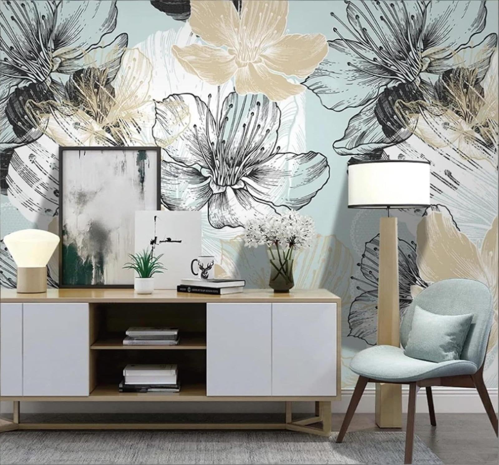 XLMING Retro Hand Drawn Pastoral Floral Art 3D Wallpaper Luxury Silk Study Dining Feature Sofa Grey Bedroom Living Room Tv Decorative Wall-400cm×280cm