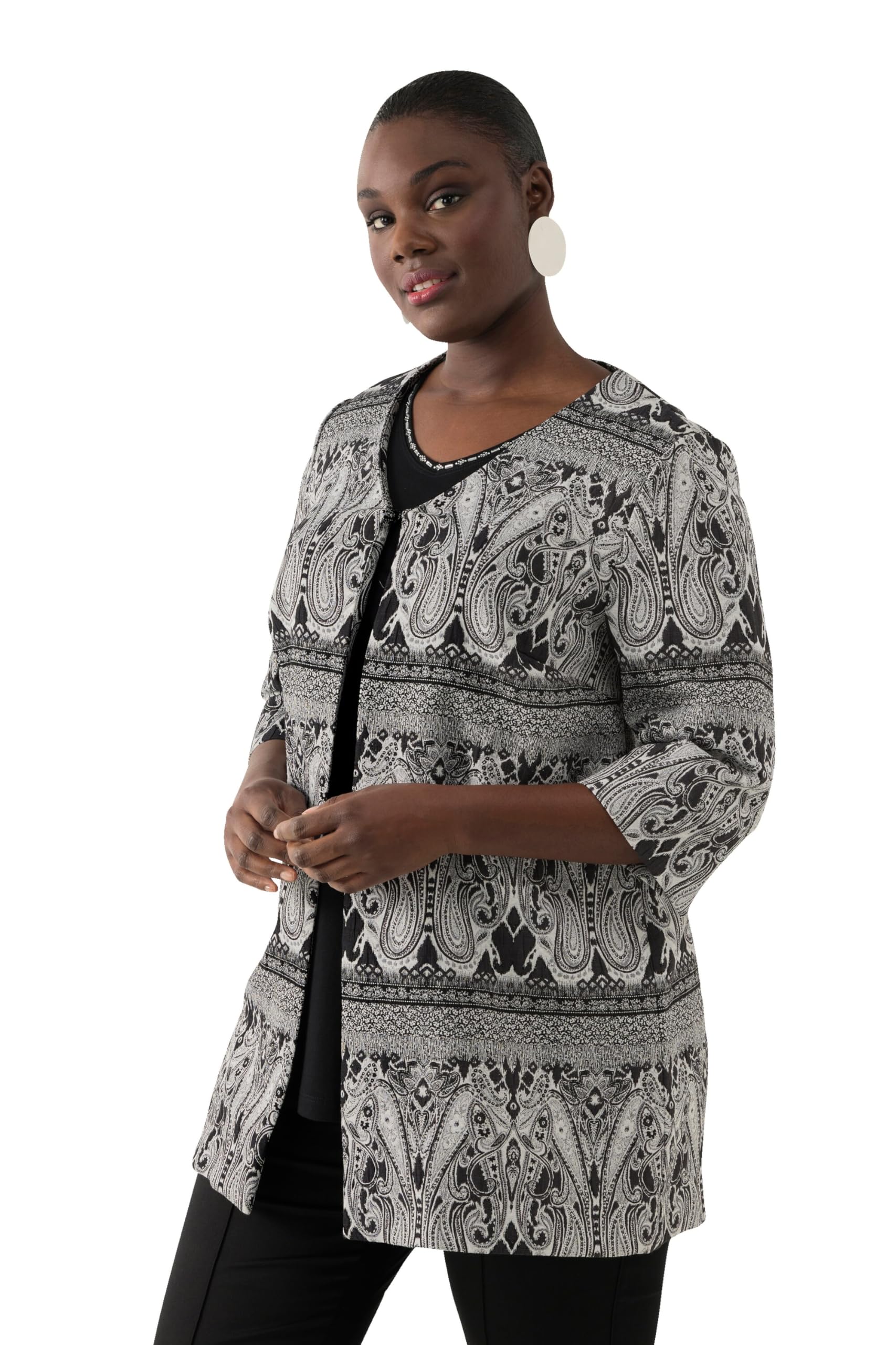 Ulla Popken Damen große Größen Übergrößen Plus Size Jacke, Paisley, V-Ausschnitt, Hakenverschluss, 3/4-Arm 825565