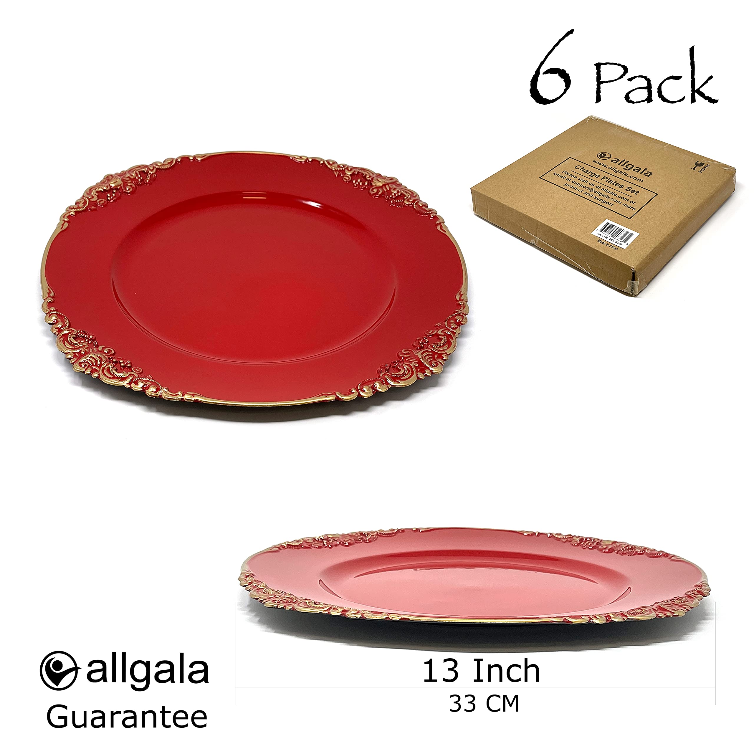 allgala 13-Inch 6-Pack Heavy Quality Round Charger Plates-Floral Red-HD80348