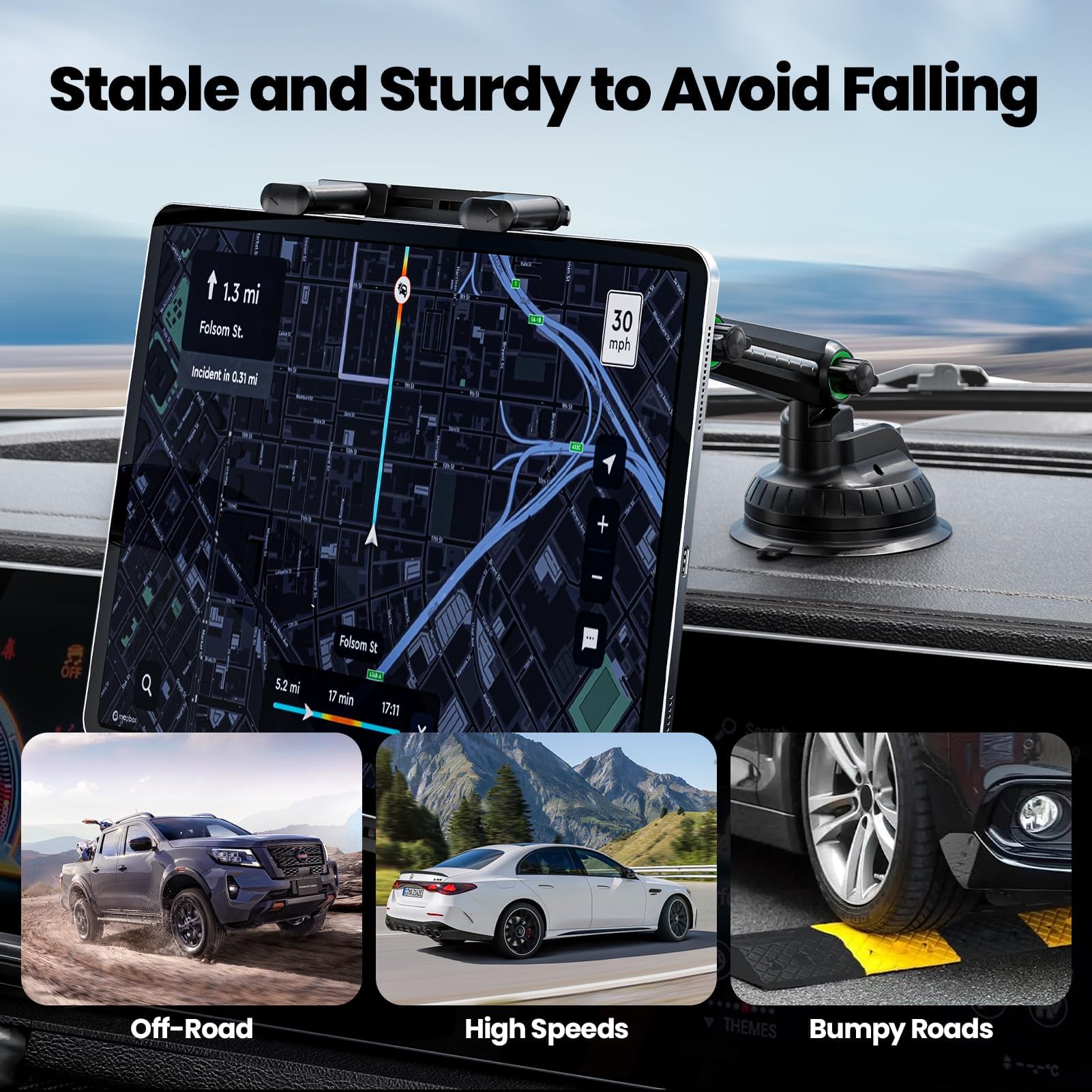GlasFlength Supporto per tablet aut o per cruscotto auto, supporto per tablet a ventosa, 4,7 – 9,7 pollici, table t e telefoni rotanti a 360°, regolabile, supporto per iPad per auto e ufficio (nero)