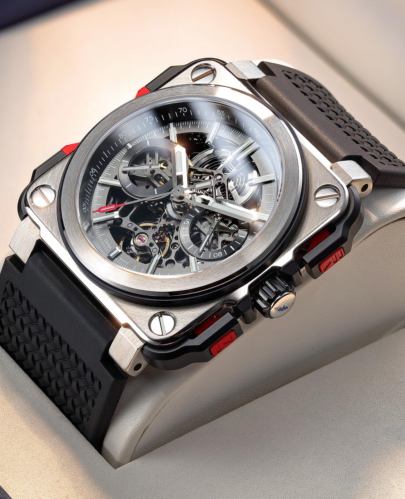FEICE FM507 Eckige Herren Armbanduhr Mechanische Automatik Herrenuhr | Automatische Mechanische Uhr Schwarz, Saphirglas, Graviertes Schwarzes Zifferblatt, Leuchtzeiger, Wasserdicht bis 10 ATM