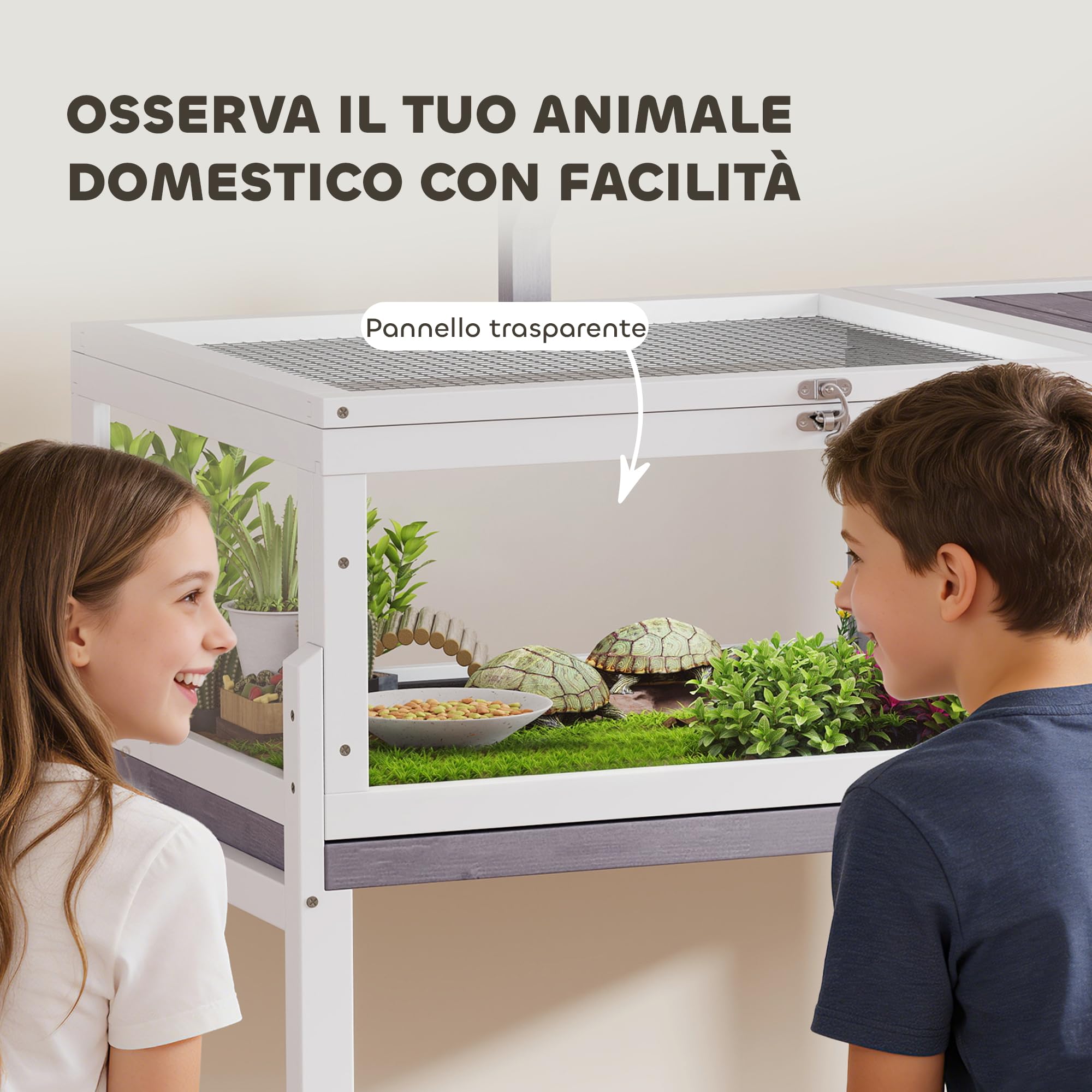 PawHut Casetta Tartarughe Rialzata Divisorio 104x53x82 cm Grigio e Bianco | Vassoio Estraibile, 2 Coperchi, Tartarughiera in Legno di Abete e PS