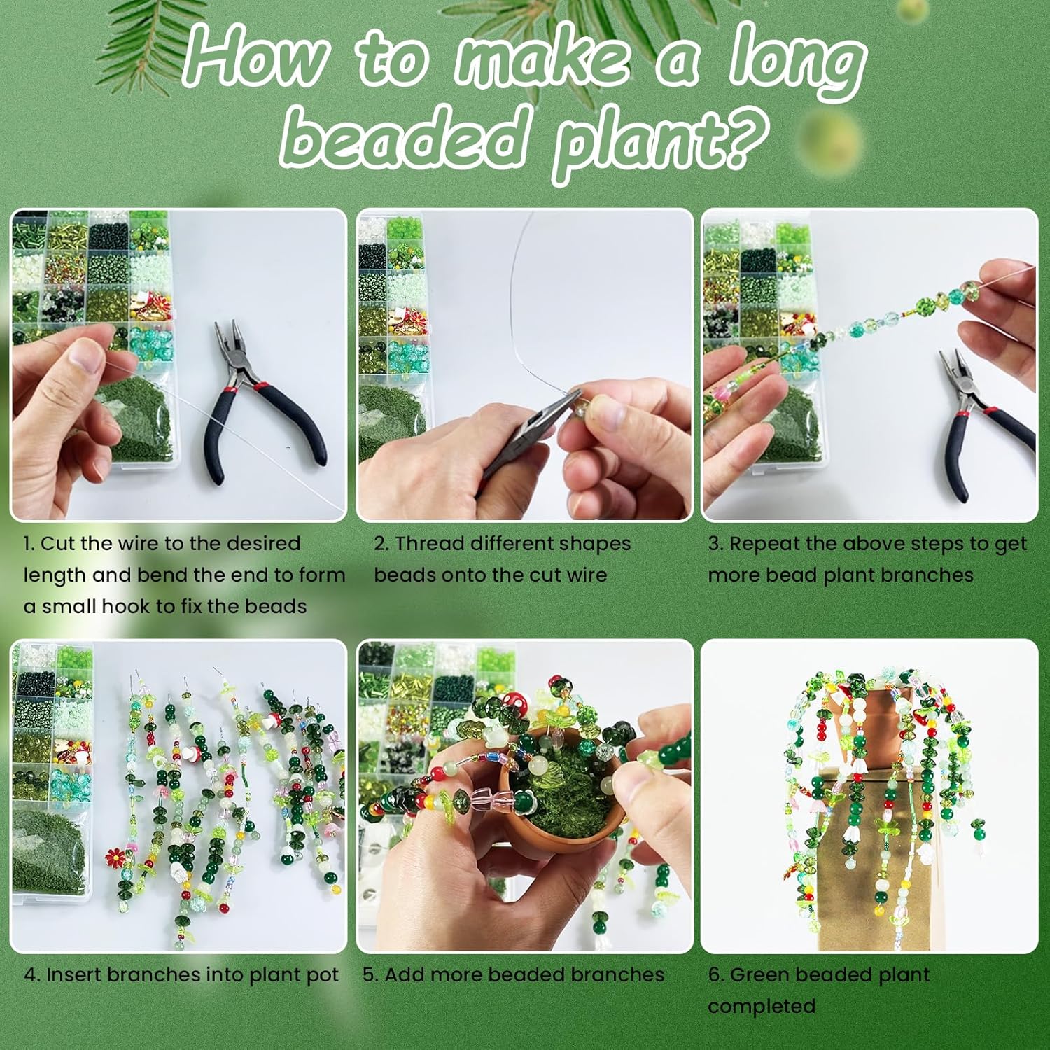 Green Beaded Plant Kit, 5437Pcs Glass Beads for Plant Making, Green Flower Beads Bulk for DIY Beaded Plants with Video Tutorials, Assorted Seed Bead for Making Crafts Earrings Necklace