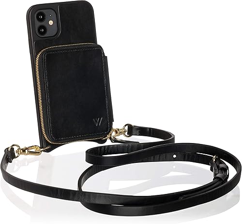 Wilken - Funda cruzada de cuero para iPhone con cartera y bolso, para guardar efectivo, tarjetas de crédito y más en bolsa con cremallera, Negro -