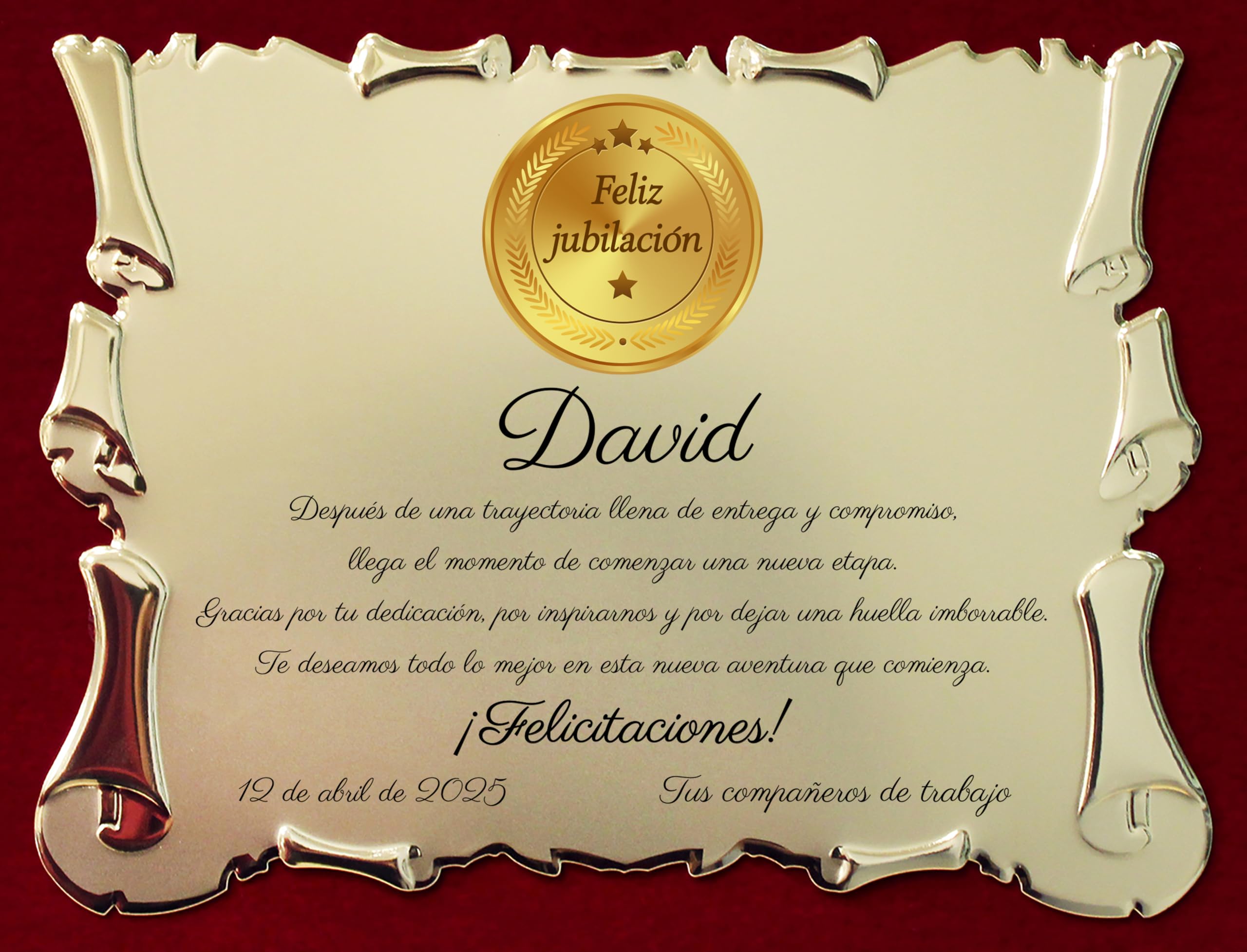 Placa de Jubilación Personalizada | Regalo de Agradecimiento por Retiro | Targa Estilo Pergamino con Estuche Elegante | con Medalla Elegante