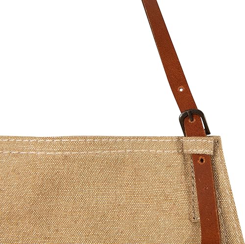 Miniatura 5 de Creative Co-Op Delantal de lona de algodón caqui con bolsillos y lazos de cuero, textiles entretenidos, mediano, marrón