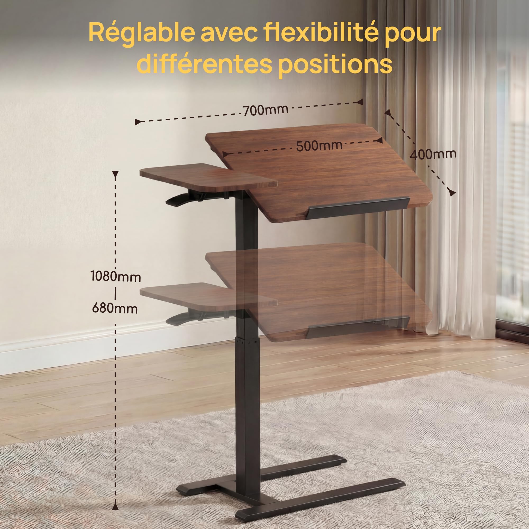 Viviendo Table de lit à roulettes, Marron, réglable 68–108 cm avec vérin à gaz, Table d’appoint avec Plateau inclinable, Table pour Ordinateur Portable, lit, canapé, Salon et Bureau, 70 x 40 cm