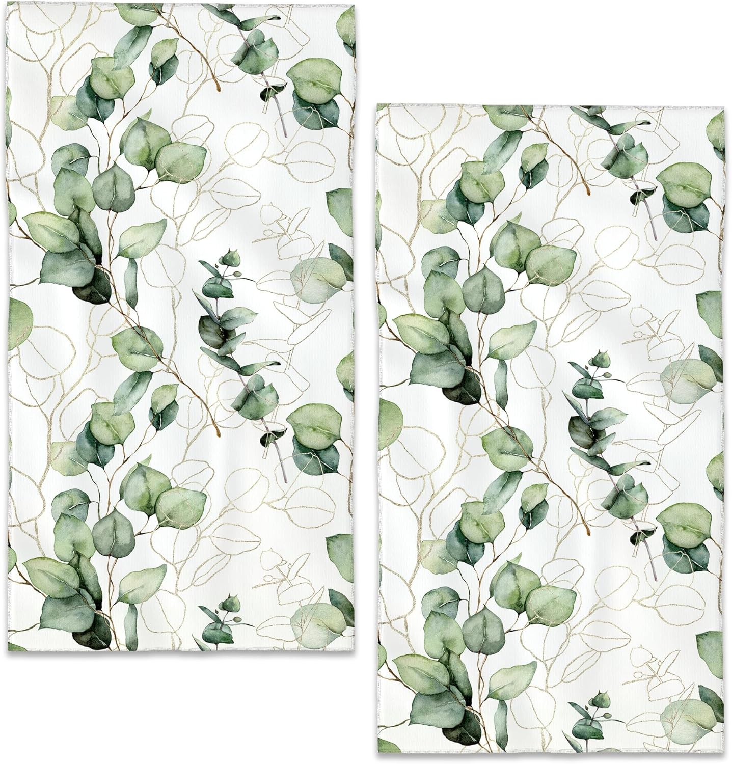 Eucalyptus Leaves Bathroom Hand Towels, Golden Green Lines Bath Hand Towel for Decorative Fingertip Towels Set of 2 for Farmhouse Gym Kitchen Hotel Yoga Gifts