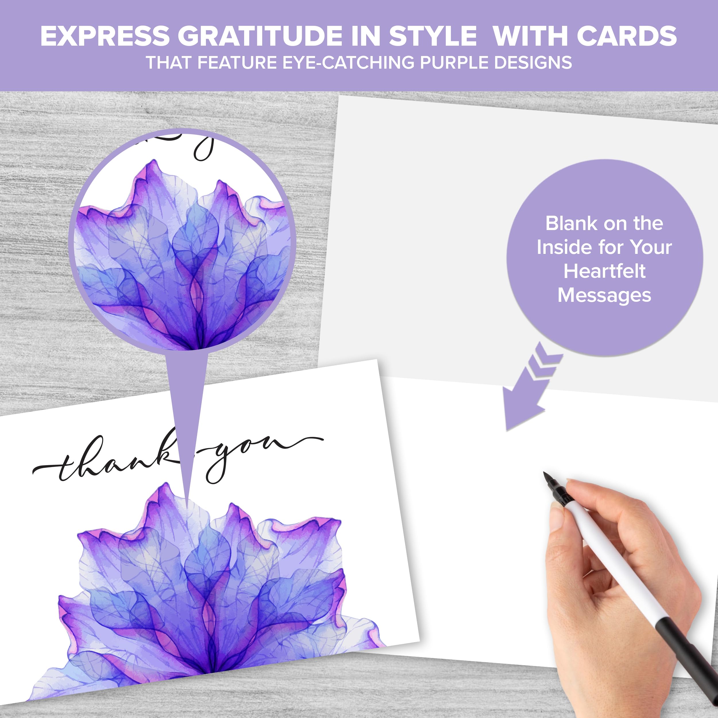 Decorably 24 Pack 6x4in Purple Thank You Cards with Envelopes and Stickers, 6 Elegant Designs Thank You Cards Purple - Image 4