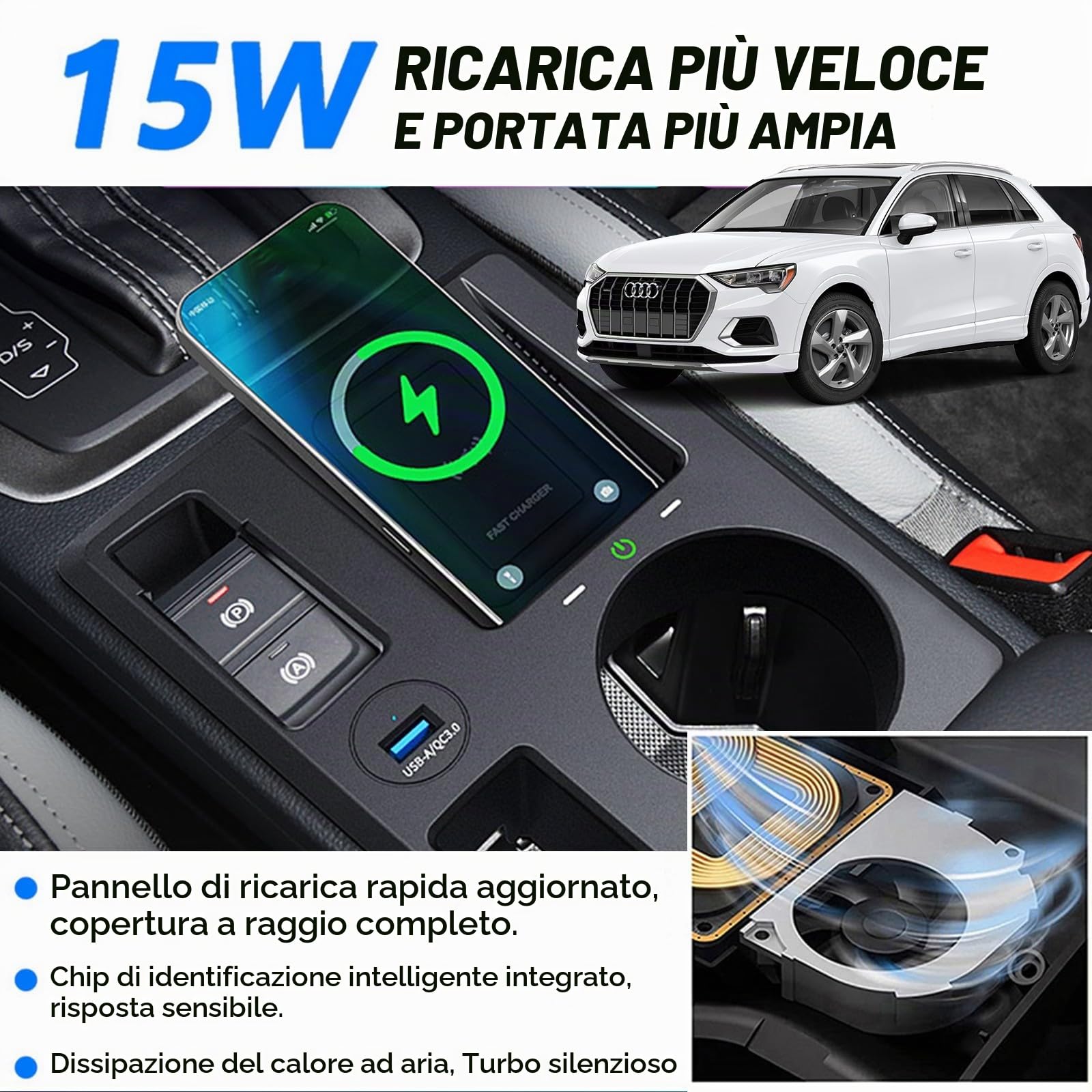 Caricabatteria da auto senza fili per Audi Q3/Sportback/RS 2019-2023, caricabatterie per telefono a ricarica rapida per accessori console centrale - Regalo per iPhone Galaxy