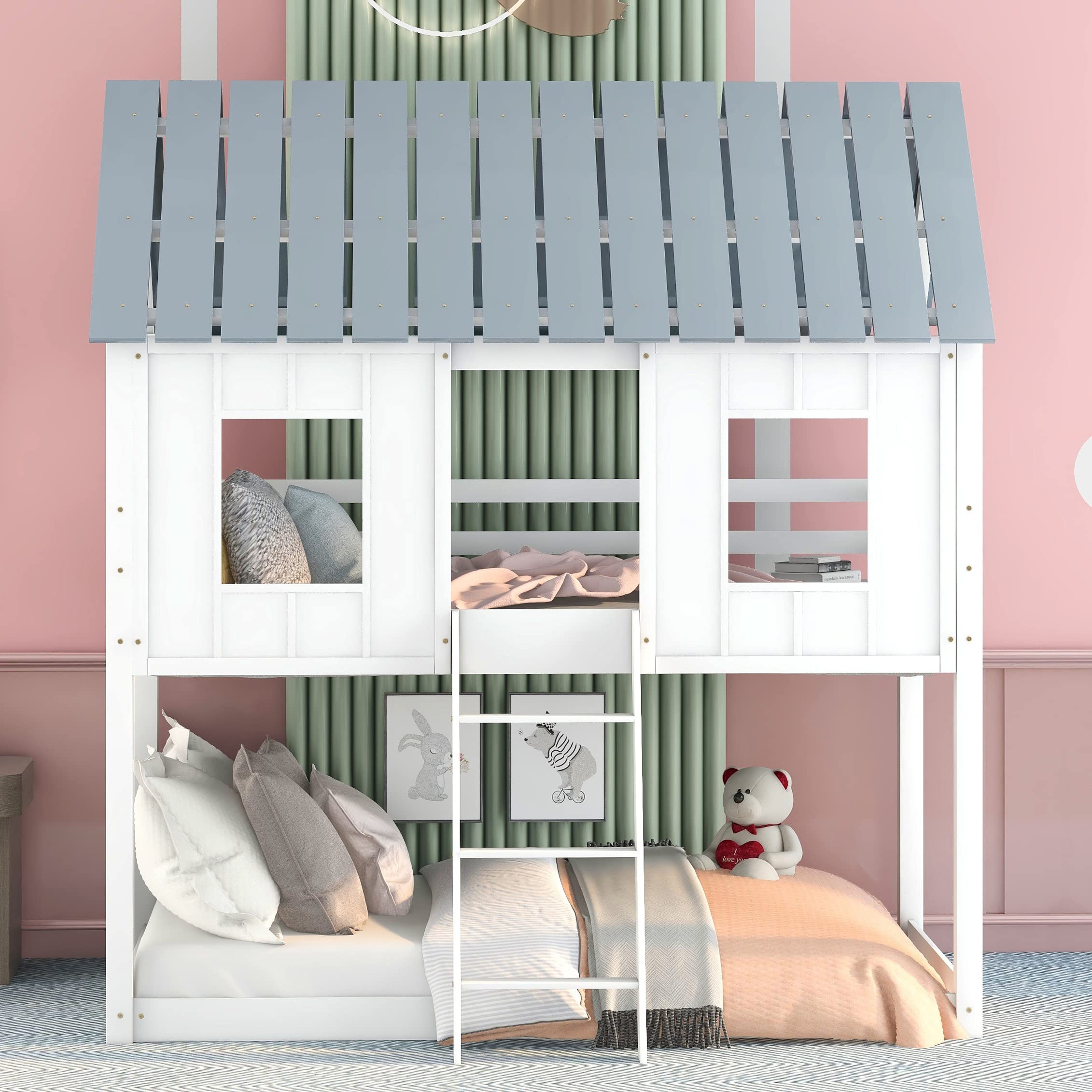 Buy MERITLINE Twin Over Twin Size Bunk Beds, Low House Bed Frame with