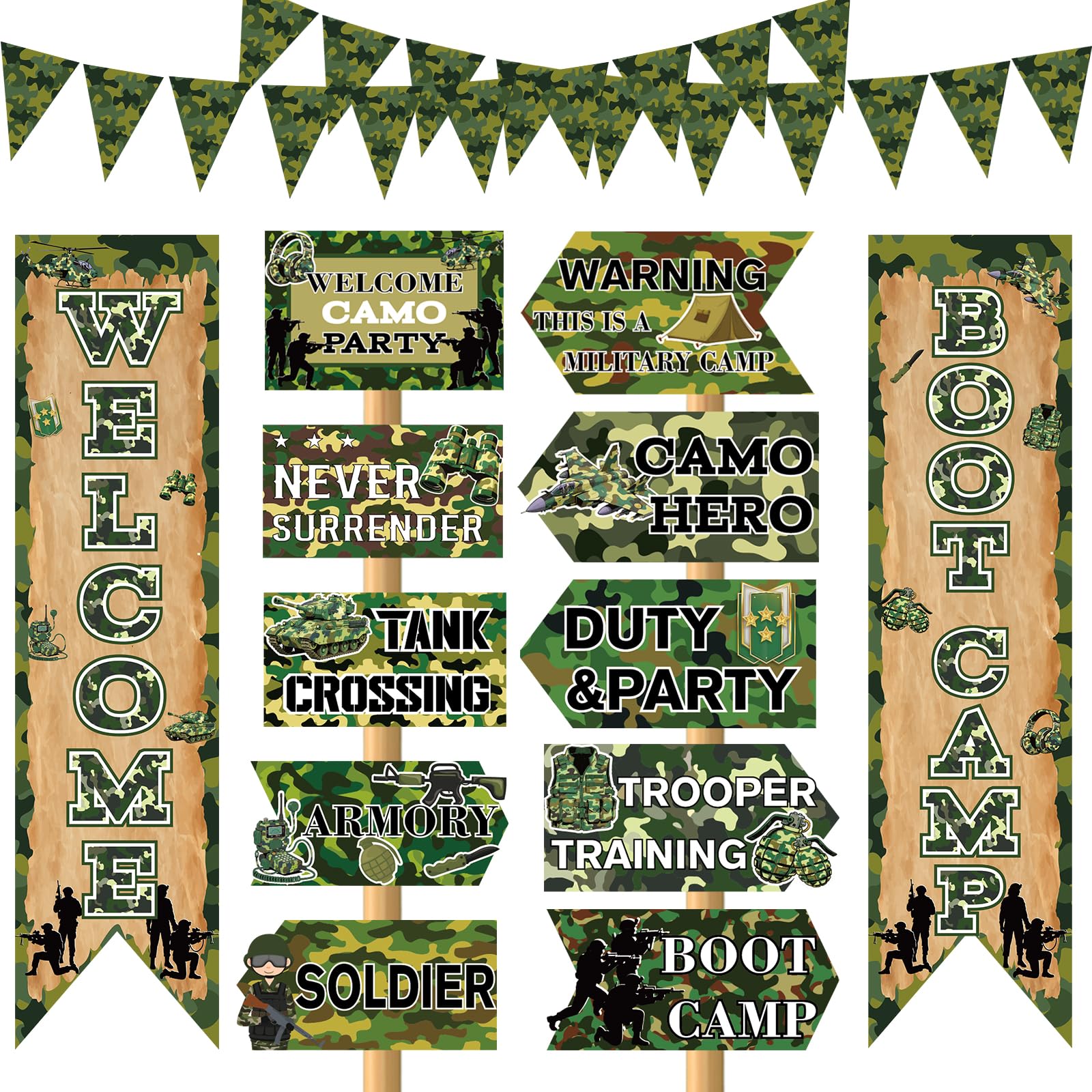 Army Birthday Party Decorations Camo Hanging Banner Triangle Flag Welcome Boot Camp Porch Yard Signs Decoration for Kids Boys Camouflage Military Themed Backdrop Photo Props Outdoor Indoor Decor