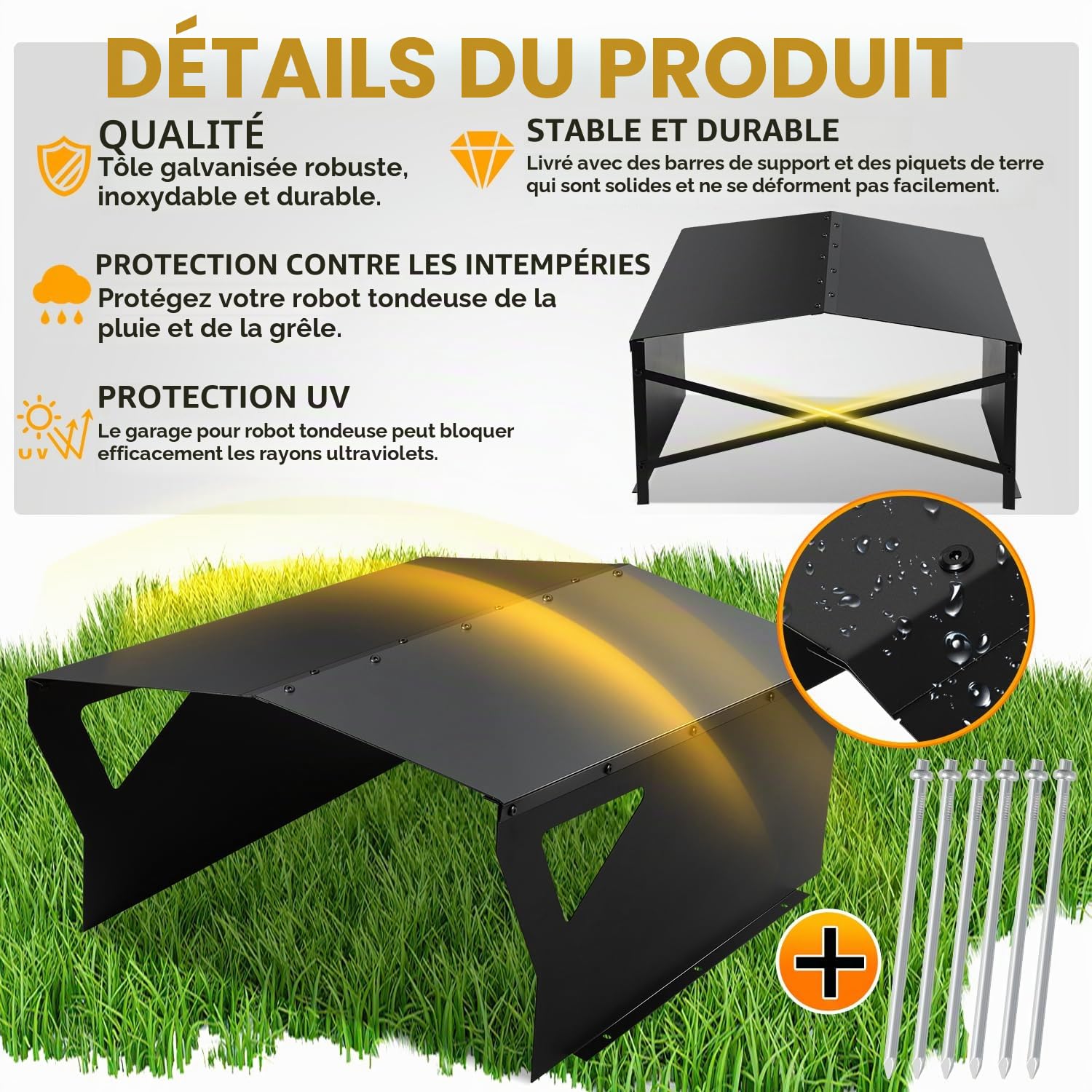Abri de protection galvanisé pour tondeuse robot avec gants et protection UV - Idéal contre la pluie et la grêle - 78 x 60 x 34 cm - Noir