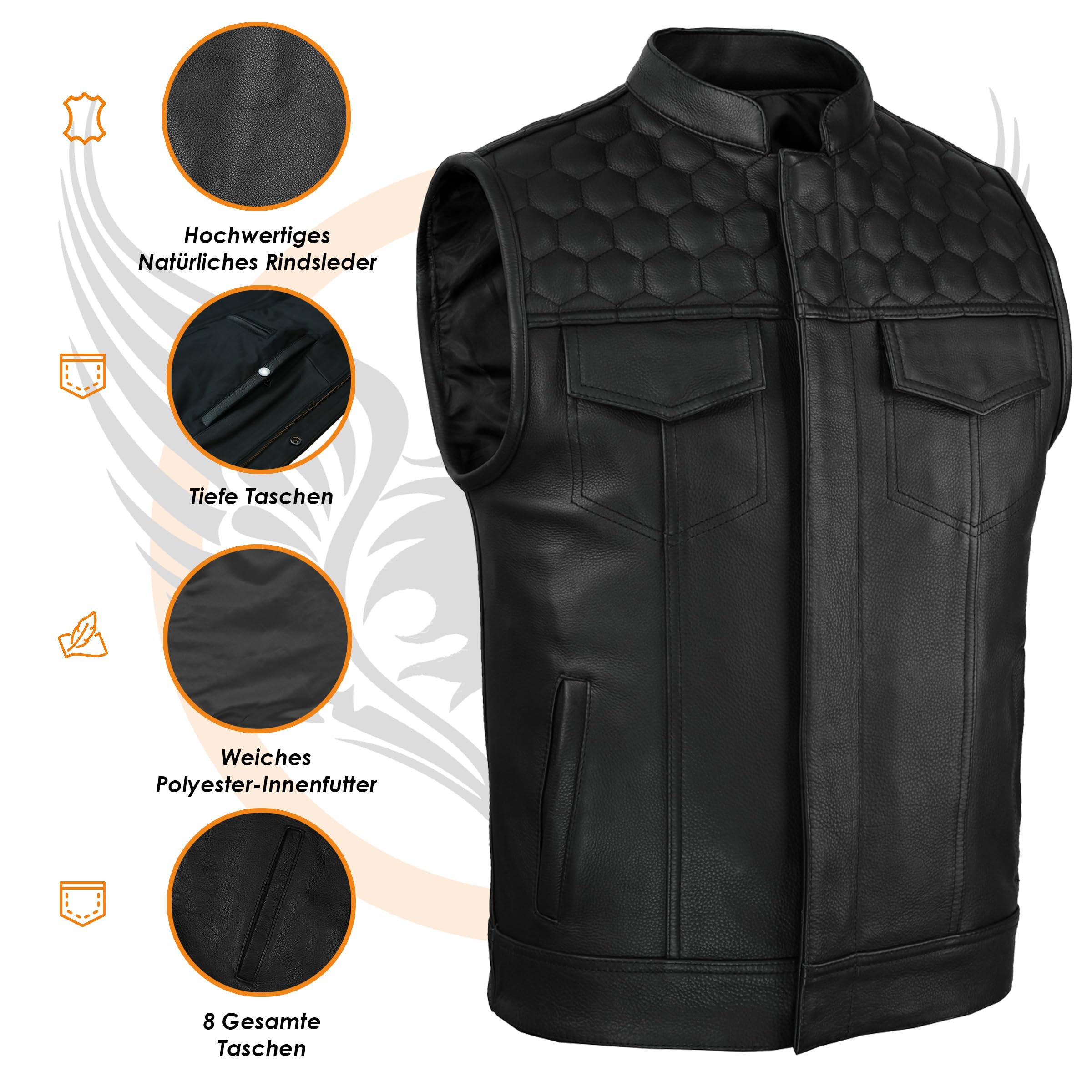 Leatherick Honeycomb SOA Style Motorradweste aus echtem Leder für Herren – Schwarz Verdeckte Bikerweste mit weichem Polyesterfutter