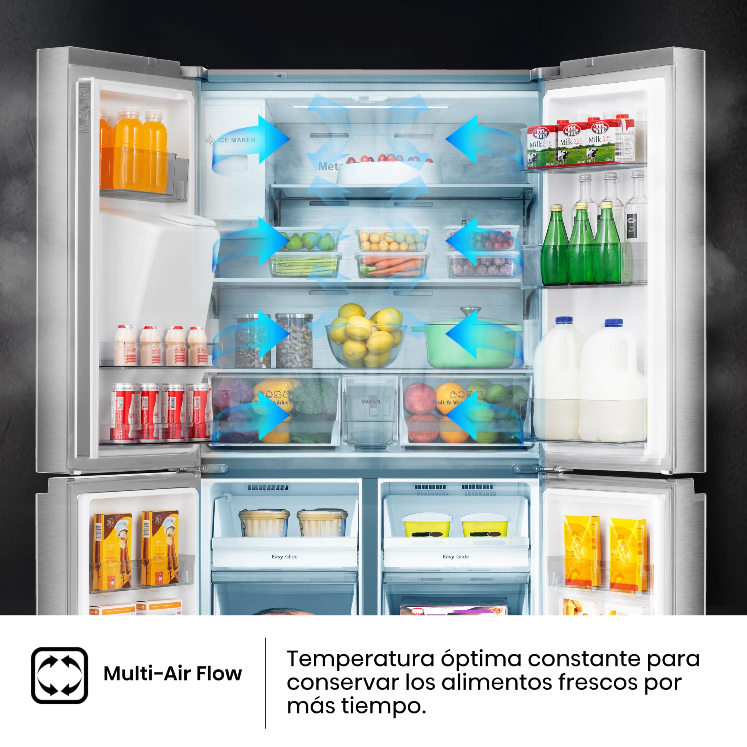 Hisense RQ760N4SASE - Frigorífico Americano Cuatro Puertas, No Frost, Puerta Cajón Frances, Total No Frost, Capacidad Neta 584 L, 1.78 m,Silencioso, Inox