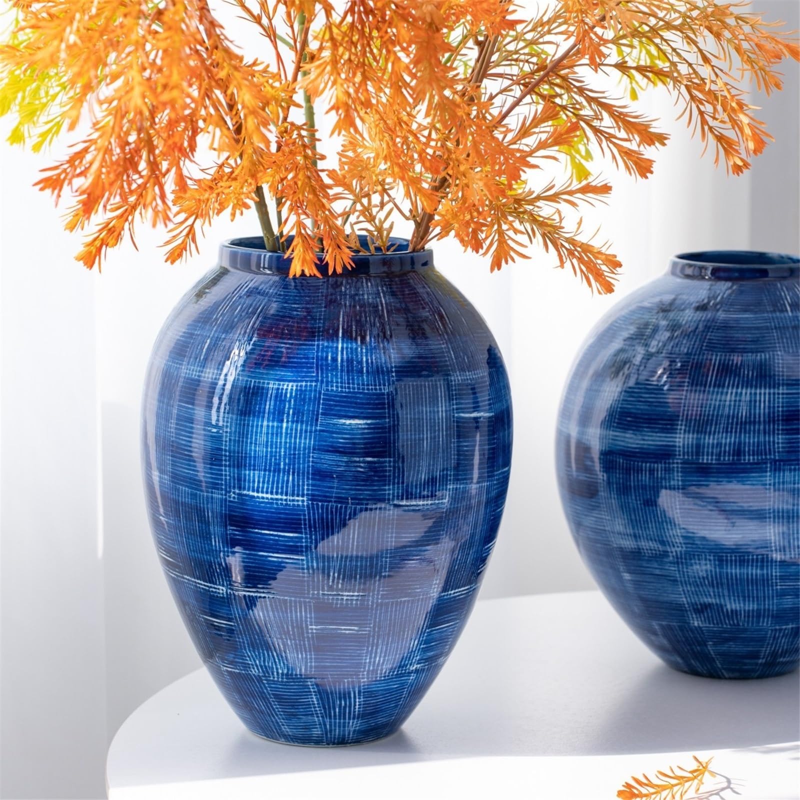 Vasen Blaue Keramik-Kunstvase, leichte Luxus-Wohnzimmer-Esstisch-Dekoration, Ornament, Blumen-Übertopf