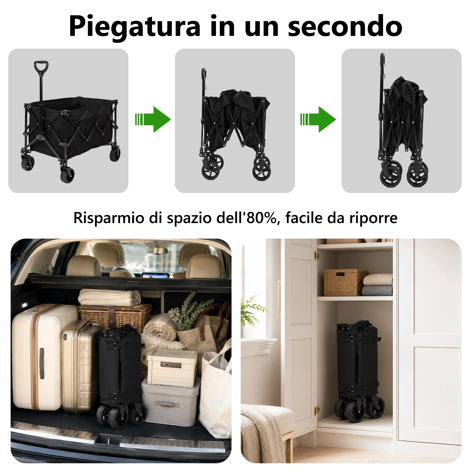 Carrello da Campeggio Pieghevole 135 L, Capacità di Carico 150 kg, Carrello Fuoristrada con Ruote Girevoli 360° e Maniglia Telescopica, per Giardino, Spesa, Outdoor