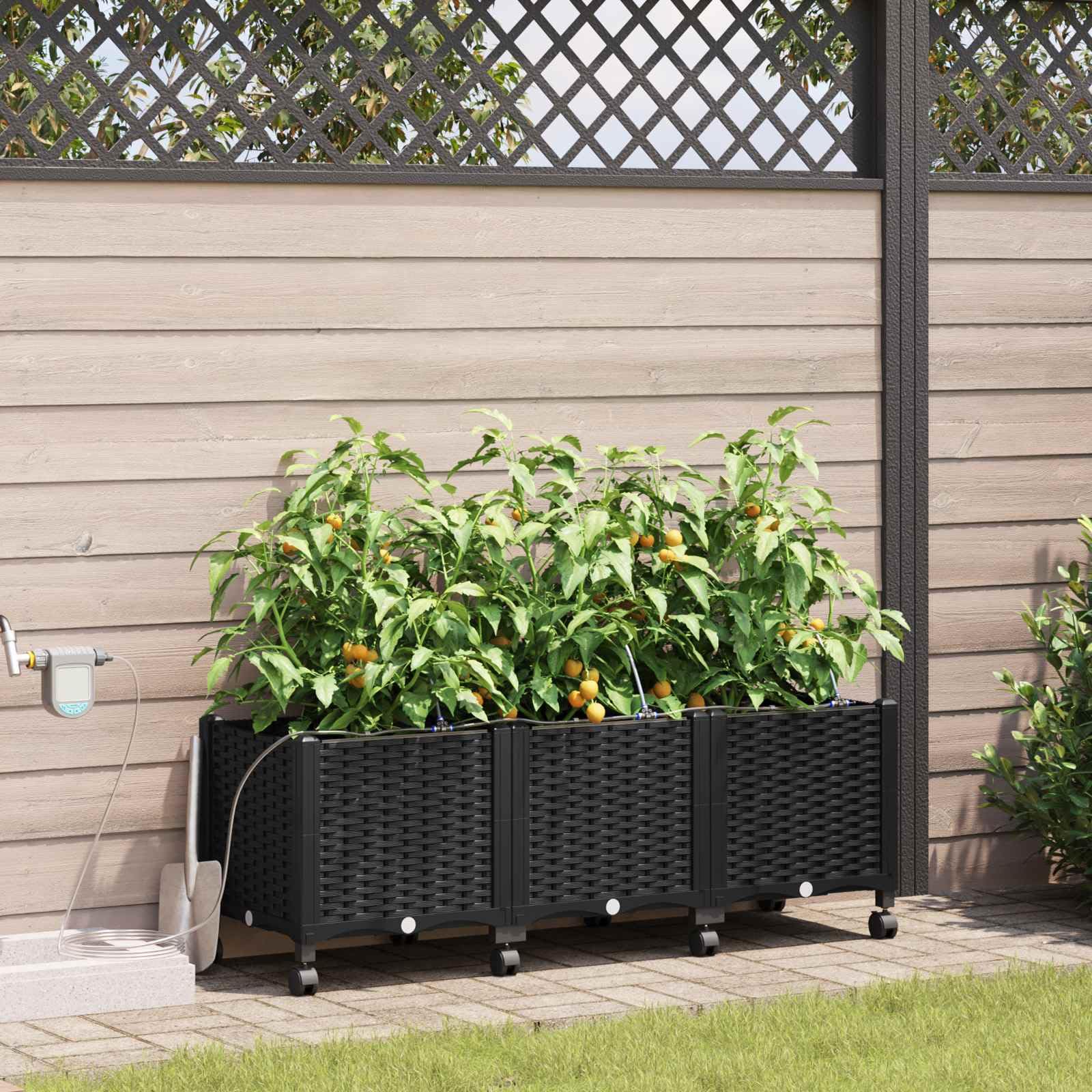 Macetero de jardín con riego y ruedas 3 PCS. PP negro