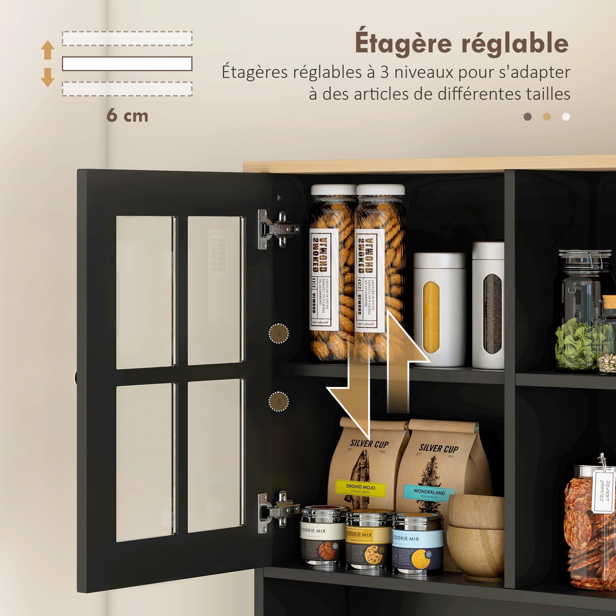 HOMCOM Buffet Cuisine, Meuble Cuisine Rangement Haut, Meuble de Rangement avec Plan de Travail, 3 Portes vitrées, 2 niches et étagères réglables, 80 x 37 x 183 cm, Noir chêne | Meuble Cuisine Rangement Haut avec Plan de Travail, 3 Portes Vitrées, 2 Niches
