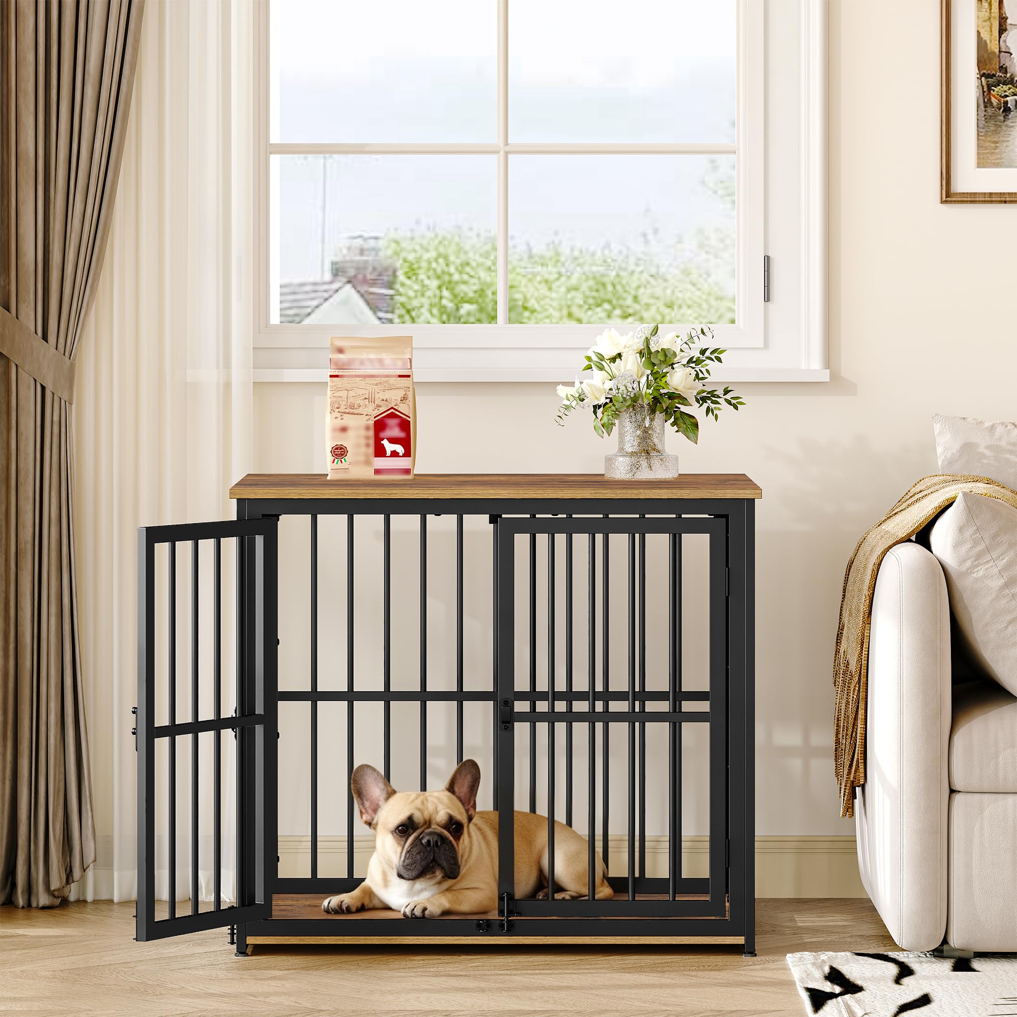 Jaula para Perros, 80cm Jaula Mueble para Perro con 3 Puertas, Casa Madera Perro, Mesa Auxiliar, Perros Pequeños y Medianos, Casa Interior Perros, 80 x 60 x 70 cm, Marrón Rústico y Negro