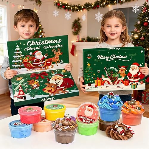 Miniatura 4 de Juego de slime de Adviento de Navidad, 18 limos y 6 dijes de Navidad, caja de regalo de cuenta regresiva de 24 días, juguetes sensoriales de